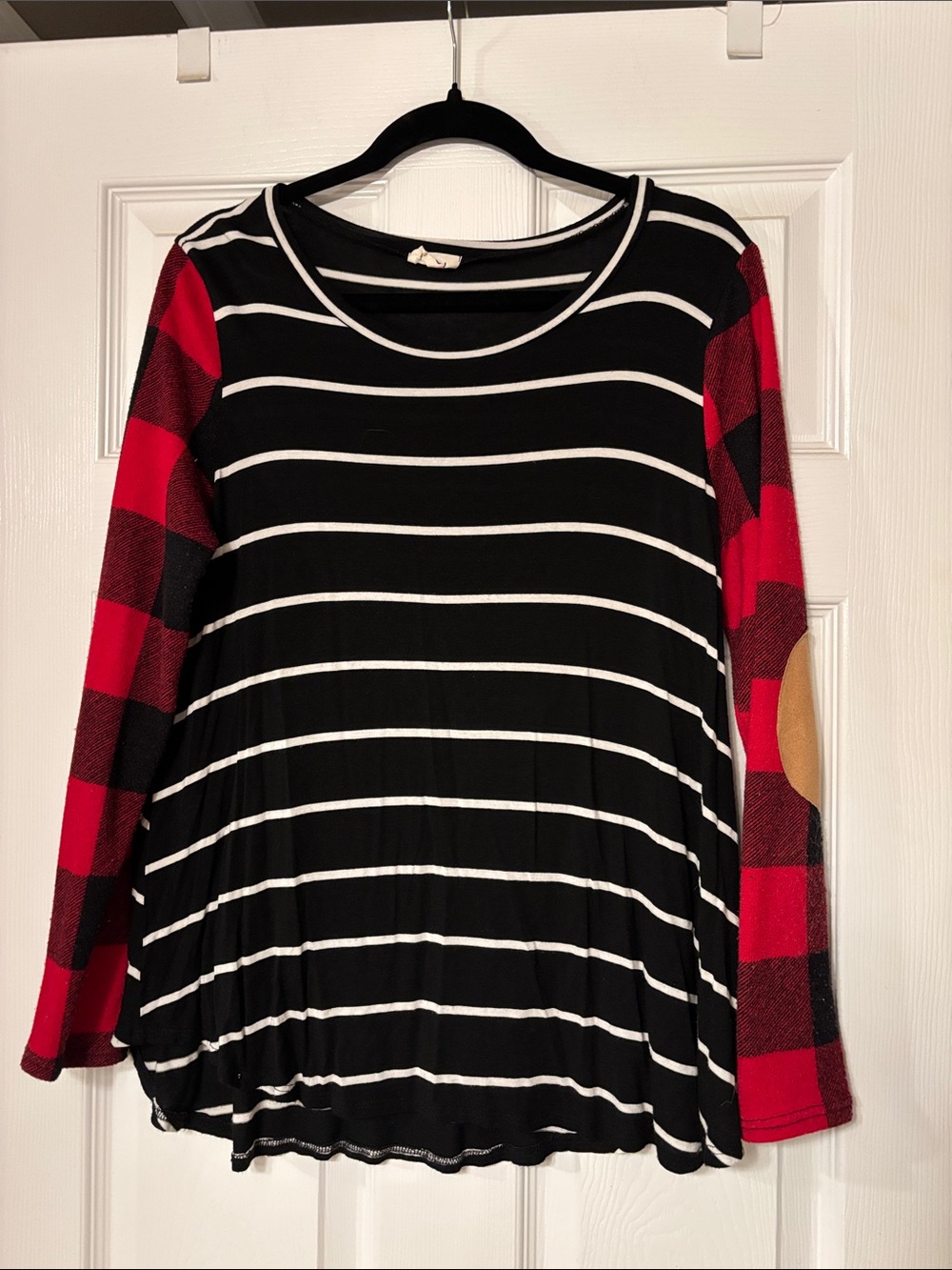 BiBi Black & White Striped Long Sleeve Top with Red Plaid Sleeves